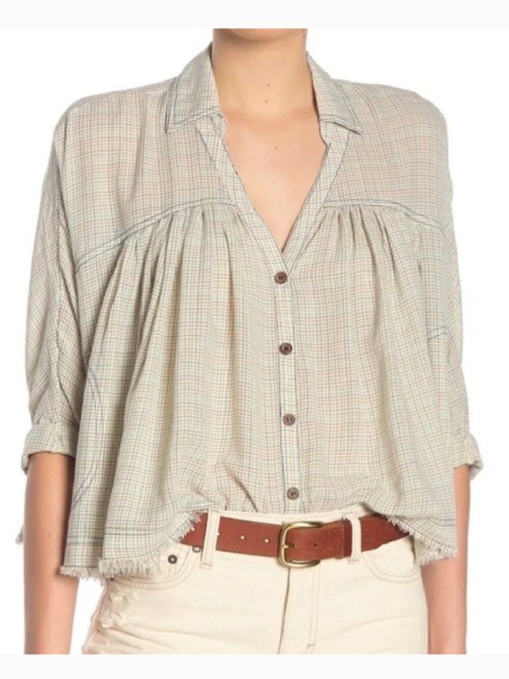 Free People We the Free Rainbow Plaid Check Picnic Trapeze Flowy Boho Button Up